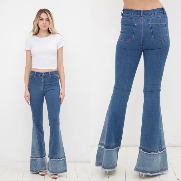 Two Tone Flare BellBottom Patchwork Frayed Hem High Rise Jeans Stretch Denim - Picture 3 of 14